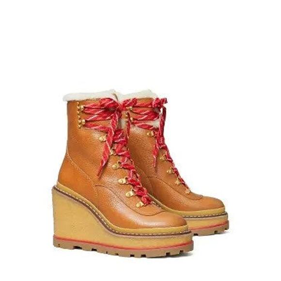 Tory Burch Hiker Wedge Shearling Boot - 10 Blanched Almond / Buttermilk - Picture 1 of 4